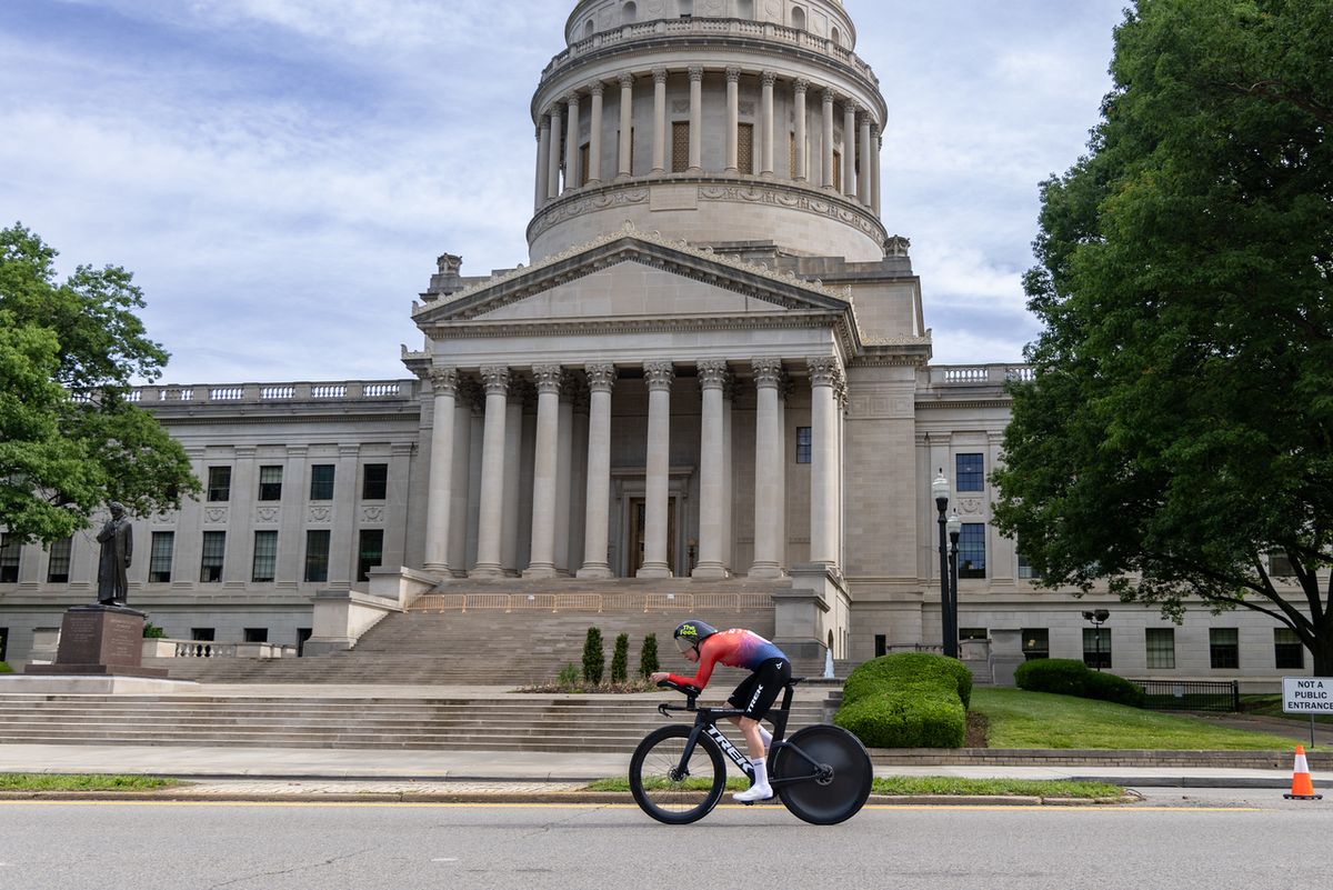Eventual winner Taylor Knibb (Trek Factory Racing) passes in front of the State Capitol of West Virginia on the ITT course for USA Cycling Pro Road Nationals
