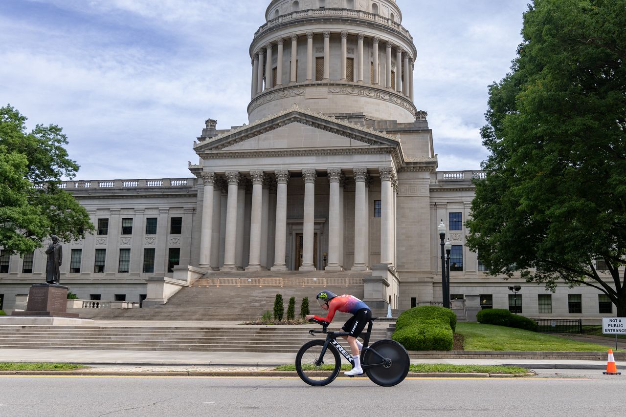 Eventual winner Taylor Knibb (Trek Factory Racing) passes in front of the State Capitol of West Virginia on the ITT course for USA Cycling Pro Road Nationals