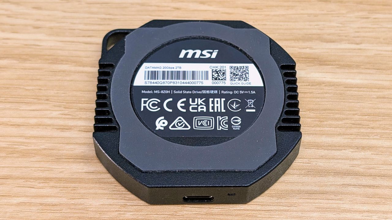 MSI Datamag portable SSD from underneath showing magnetic ring