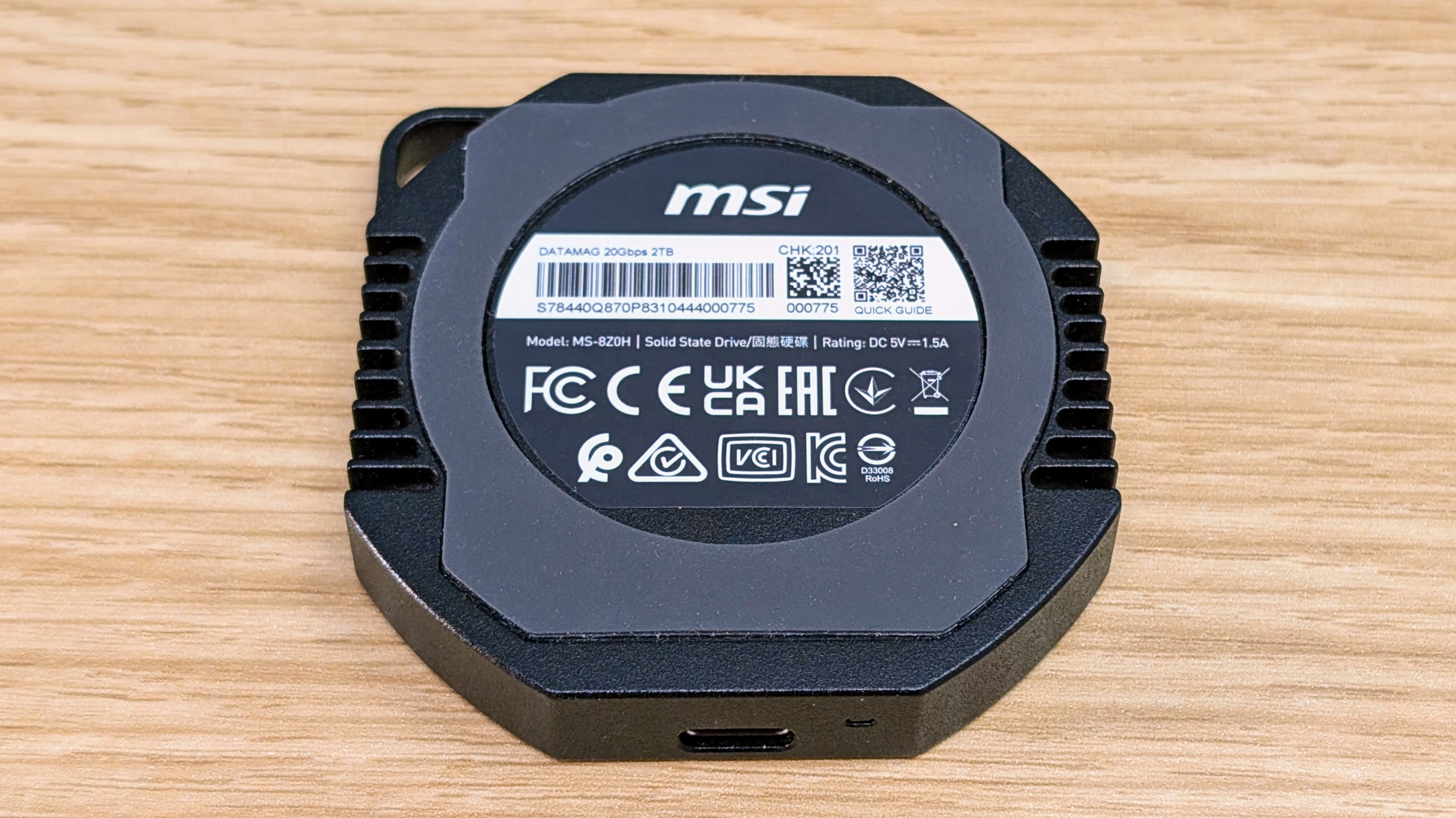 MSI Datamag portable SSD from underneath showing magnetic ring