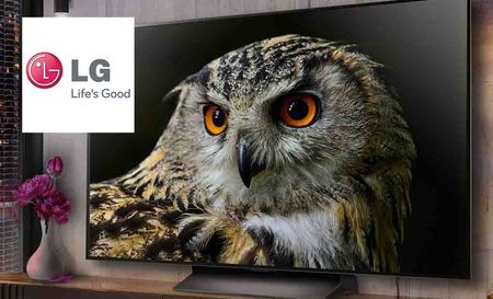 LG logo placed over a wide screen tv displaying an owl 