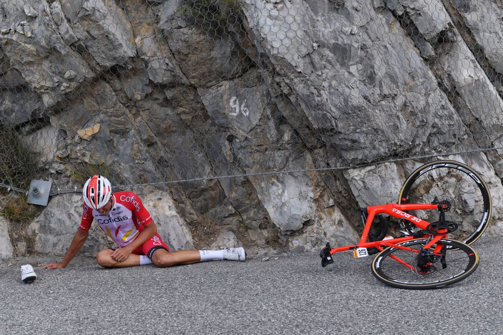 SISTERON FRANCE AUGUST 31 Anthony Perez of France and Team Cofidis Solutions Credits Crash Injury Col des Leques 1145m during the 107th Tour de France 2020 Stage 3 a 198km stage from Nice to Sisteron 488m TDF2020 LeTour on August 31 2020 in Sisteron France Photo by Tim de WaeleGetty Images
