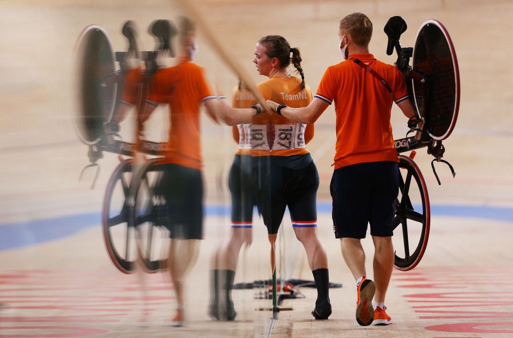 IZU JAPAN AUGUST 07 Detailed view of the reflection of Shanne Braspennincx of Team Netherlands after the Womens sprint quarterfinals race 1 heat 3 of the track cycling on day filthen of the Tokyo 2020 Olympic Games at Izu Velodrome on August 07 2021 in Izu Shizuoka Japan Photo by Tim de WaeleGetty Images