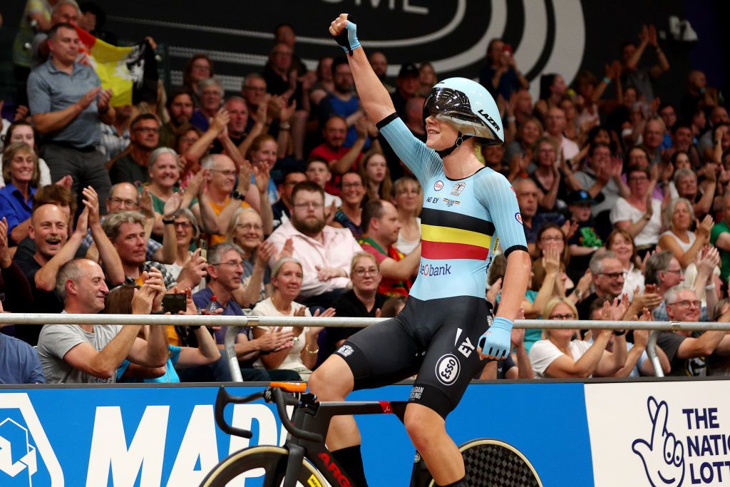 Belgium&rsquo;s Lotte Kopecky celebrates her win in the elimination race