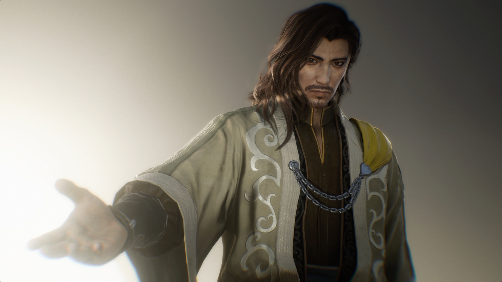 Yellow Turban Rebellion leader Zhang Jiao holds his hand out to the player character in a cutscene in Dynasty Warriors Origins.