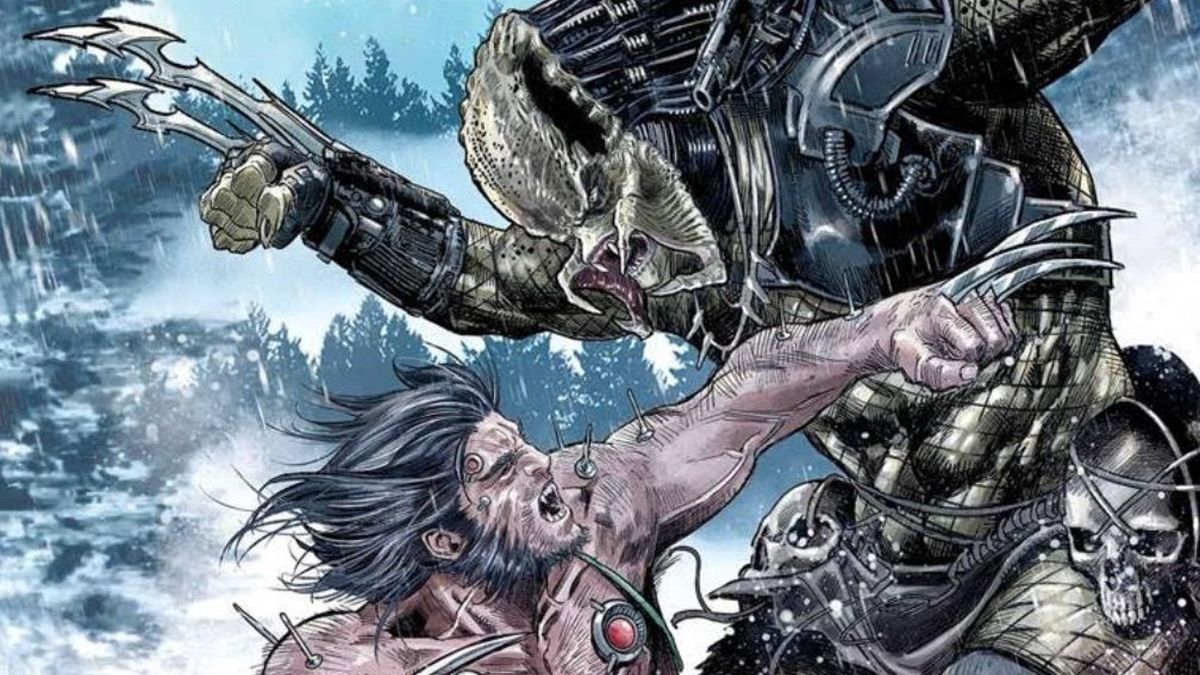 wolverine fights a predator in a snowy forest