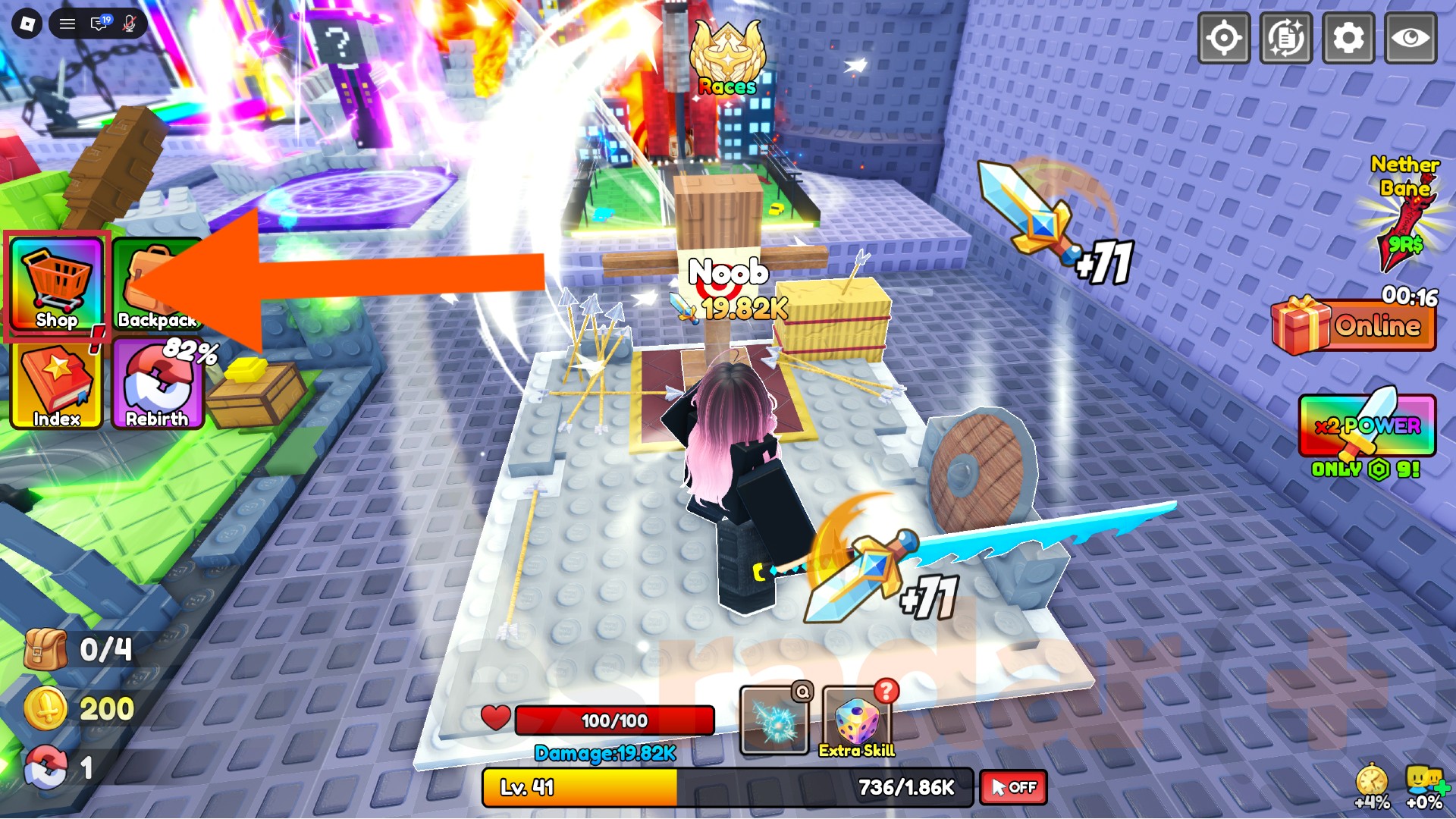 An orange arrow points to the shop icon where you can redeem Loot to Forge codes.