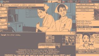 World of Horror screenshot featuring two pixel art style nurses in the center surrounded by game text. The game art was developed in Microsoft Paint.