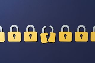 Online Safety Bill's encryption policies denoted by a series of gold padlocks lined up side-by-side, with the center padlock cracked down the middle, showing a break