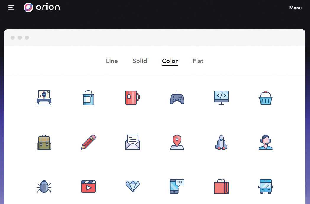 Orion homepage, with icon examples