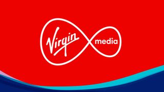 The Virgin Media logo in white set against a red background with green and blue patterns below