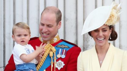 Prince William, Duke of Cambridge, Catherine, Duchess of Cambridge and Prince Louis of Cambridge during Trooping The Colour, the Queen's annual birthday parade, on June 8, 2019 in London, England