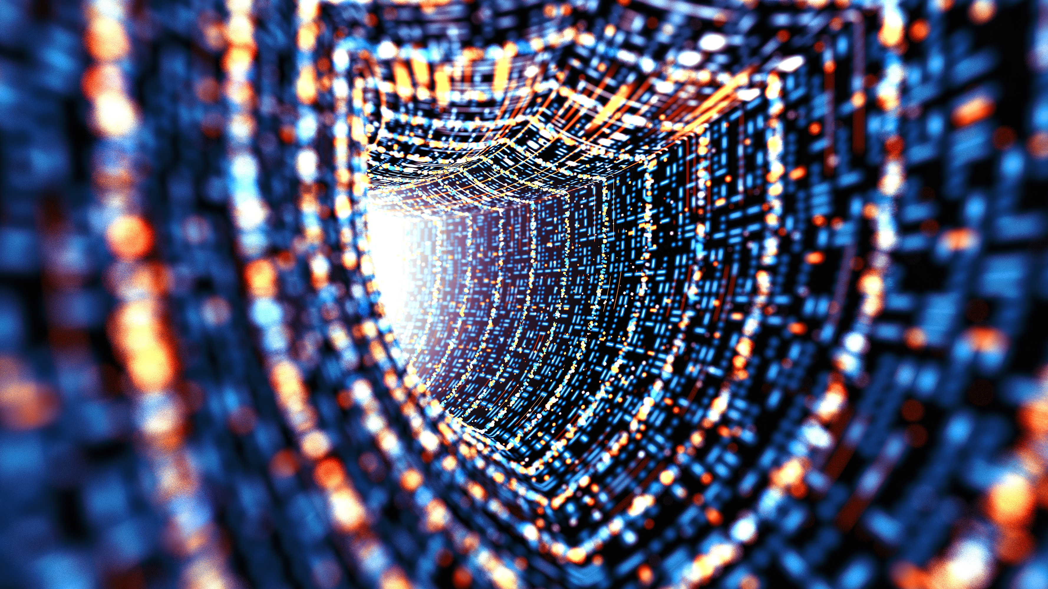 A CGI render of a shield-shaped tunnel to represent AI cyber security. A light can be seen at the end of the tunnel, which is formed from orange and blue energy against a black background.
