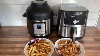 An Instant Pot Duo Crisp & air fryer with an Instant Vortex Plus on a kitchen countertop and plates of fries cooked in both appliances