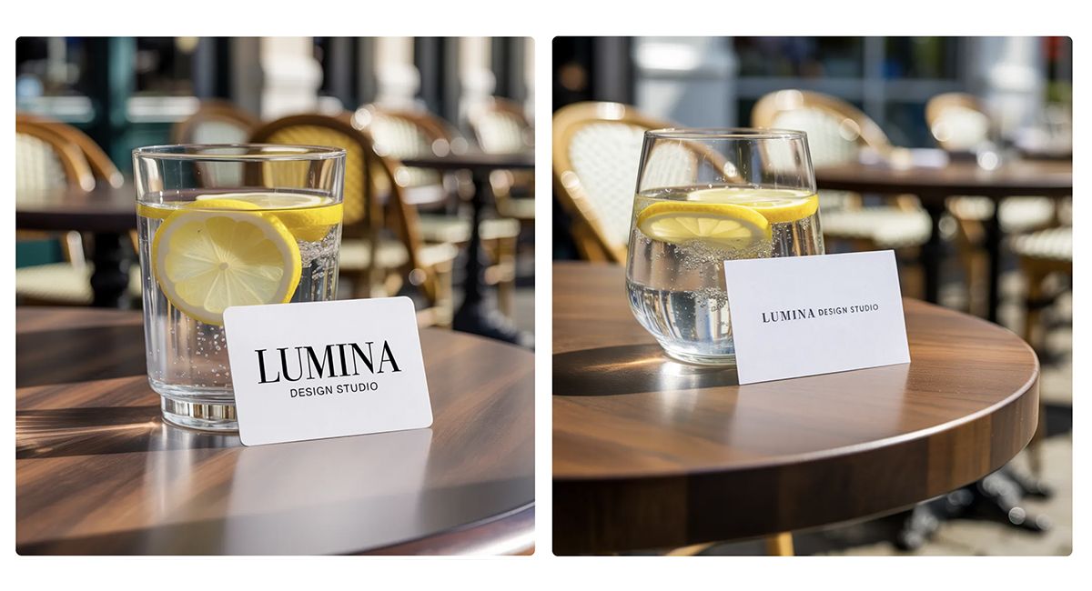 Two AI-generated images of a glass with slices of lemons on a table with an out-of-focus cafe setting in the background