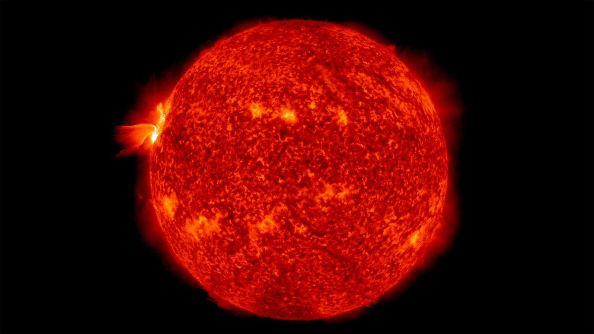 A full-disk view of the sun as it unleashed a major X1.1 class solar flare from an active sunspot cluster on April 17, 2022. This view was taken by NASA&#039;s Solar Dynamics Observatory.