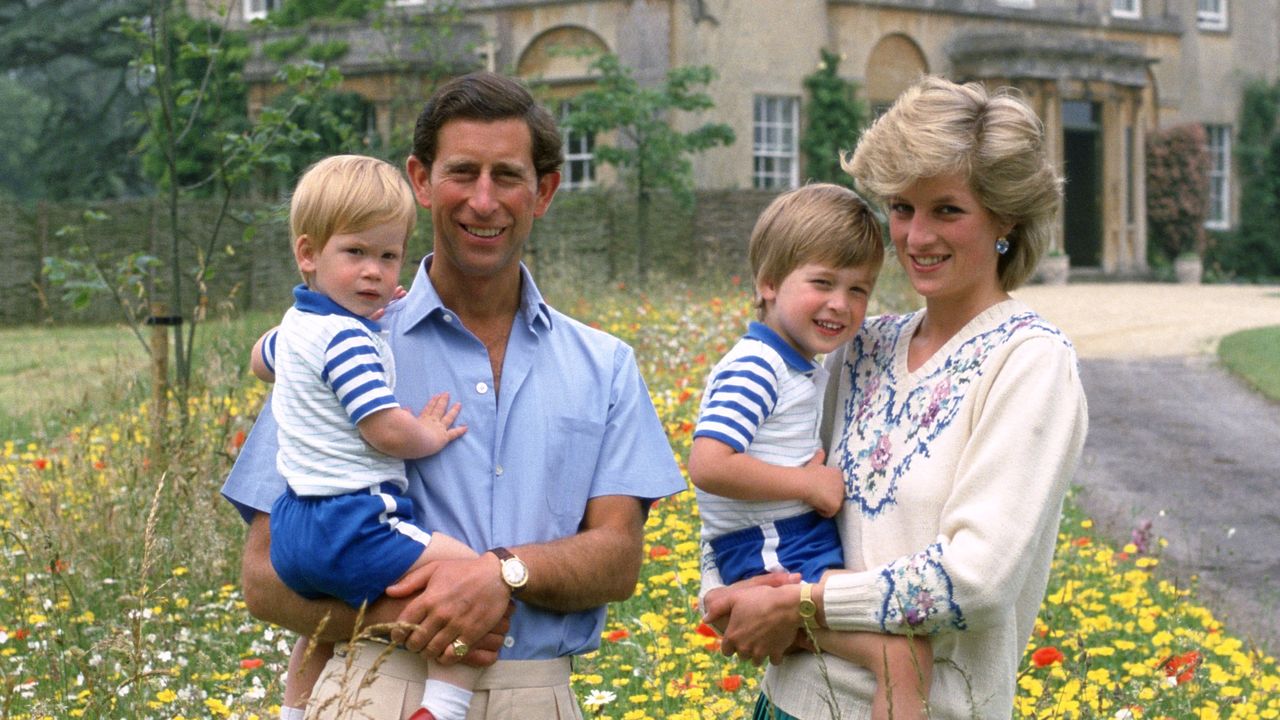 Princess Diana and Prince Charles with young Prince William and Prince Harry at Highgrove House in 1986