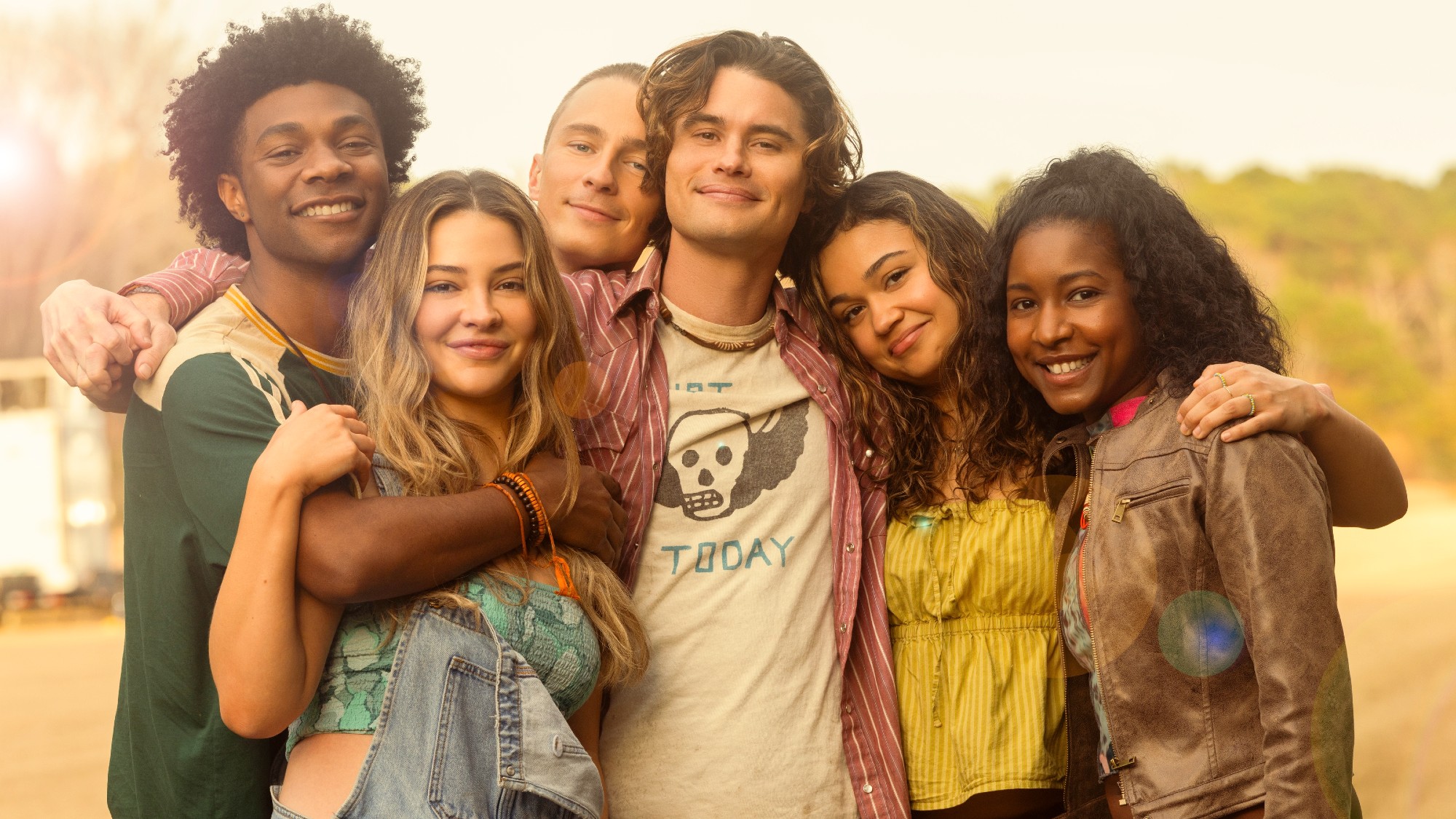 (L to R) Jonathan Daviss as Pope, Madelyn Cline as Sarah Cameron, Drew Starkey as Rafe, Chase Stokes as John B, Madison Bailey as Kiara, Carlacia Grant as Cleo in season 5 of Outer Banks.