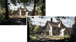 AI art tools; a render of a house before and after an AI upscale