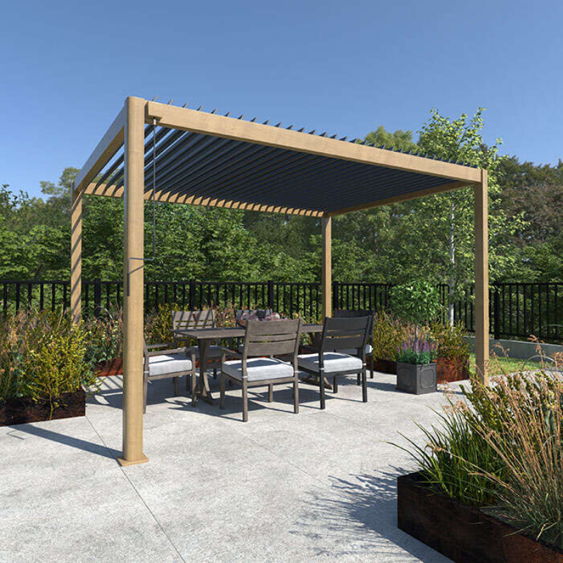 wooden pergola with dark aluminium louvred roof