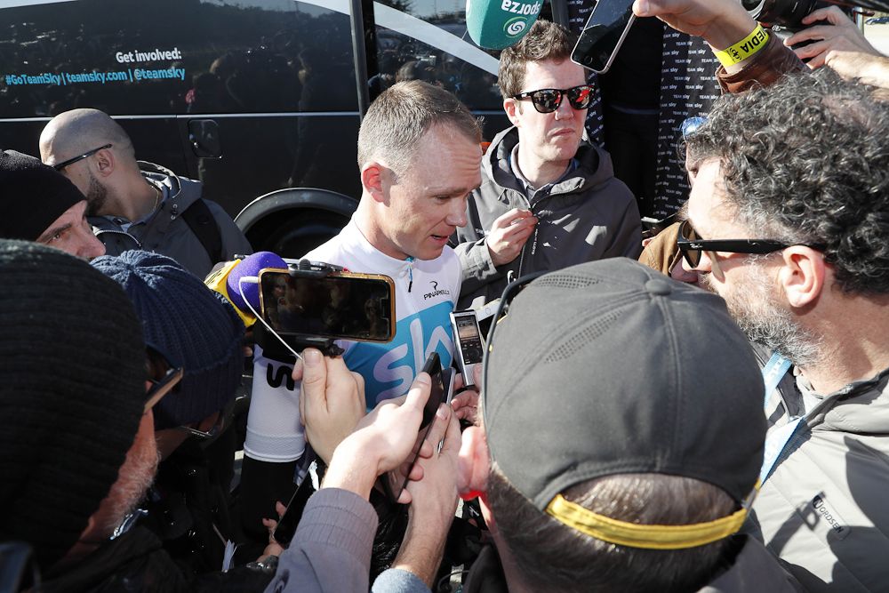 Chris Froome takes questions before the start of stage 1 at Ruta del Sol