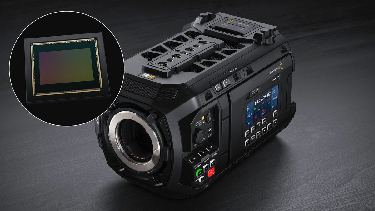 Blackmagic Ursa Cine 12K on a dark background, with a roundel showcasing the camera&#039;s 12K sensor