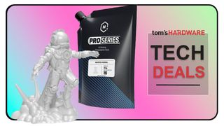 Tech Deals cover image featuring a 3D resin-printed spaceman and a 1kg sachet of resin