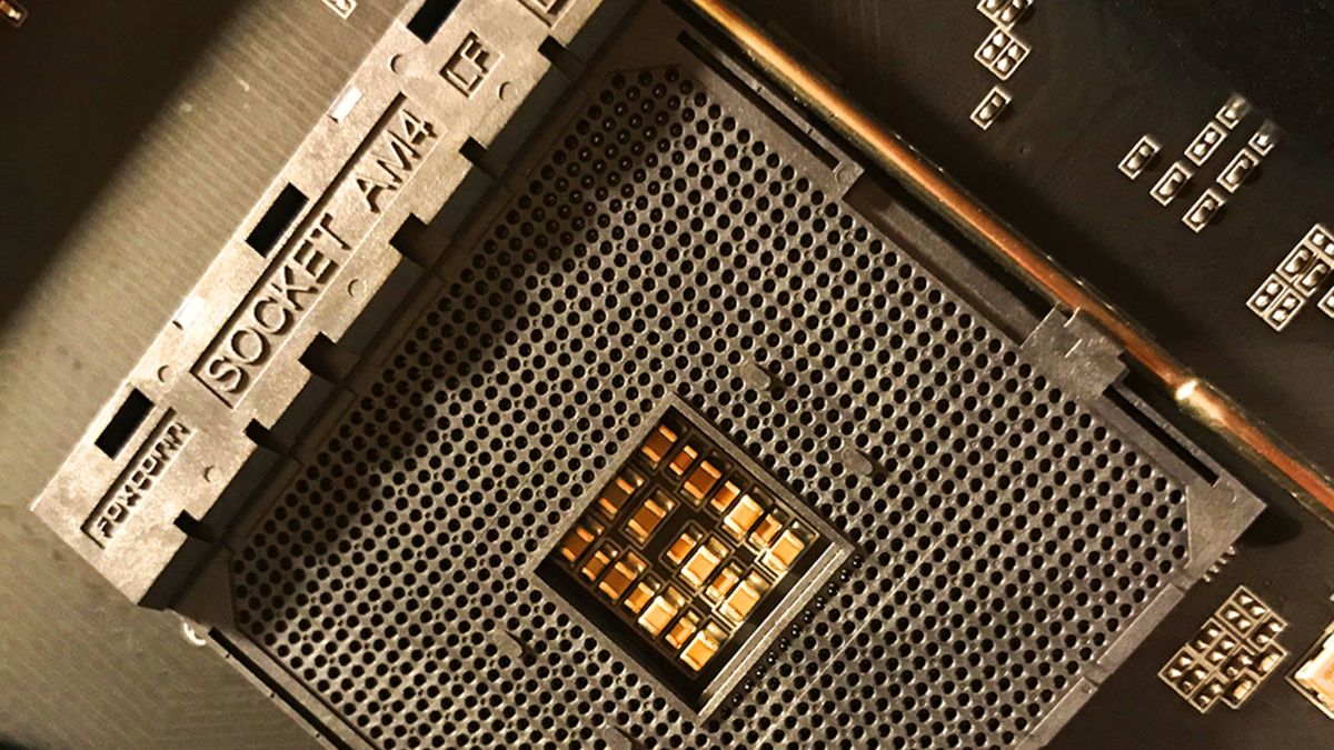 A close-up photo of AMD&#039;s AM4 CPU socket