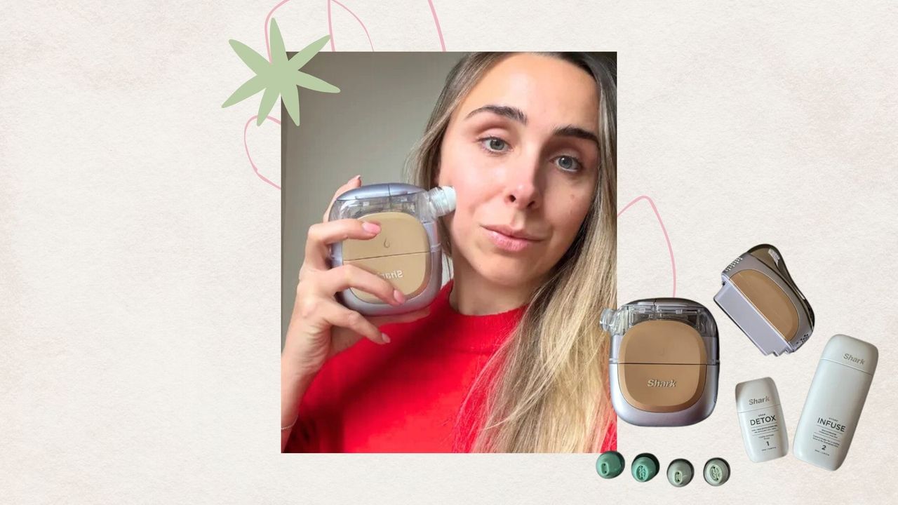 a beige backdrop with an image of the Shark Facial Pro Glow + Depuffi device and an image of beauty editor Emma Stoddart in a red jumper holding the device up to her face