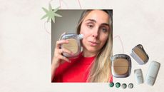 a beige backdrop with an image of the Shark Facial Pro Glow + Depuffi device and an image of beauty editor Emma Stoddart in a red jumper holding the device up to her face