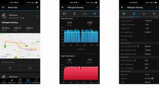 Skärmdumpar från Garmin Connect-appen som visar data som samlats in av en Garmin Enduro-klocka