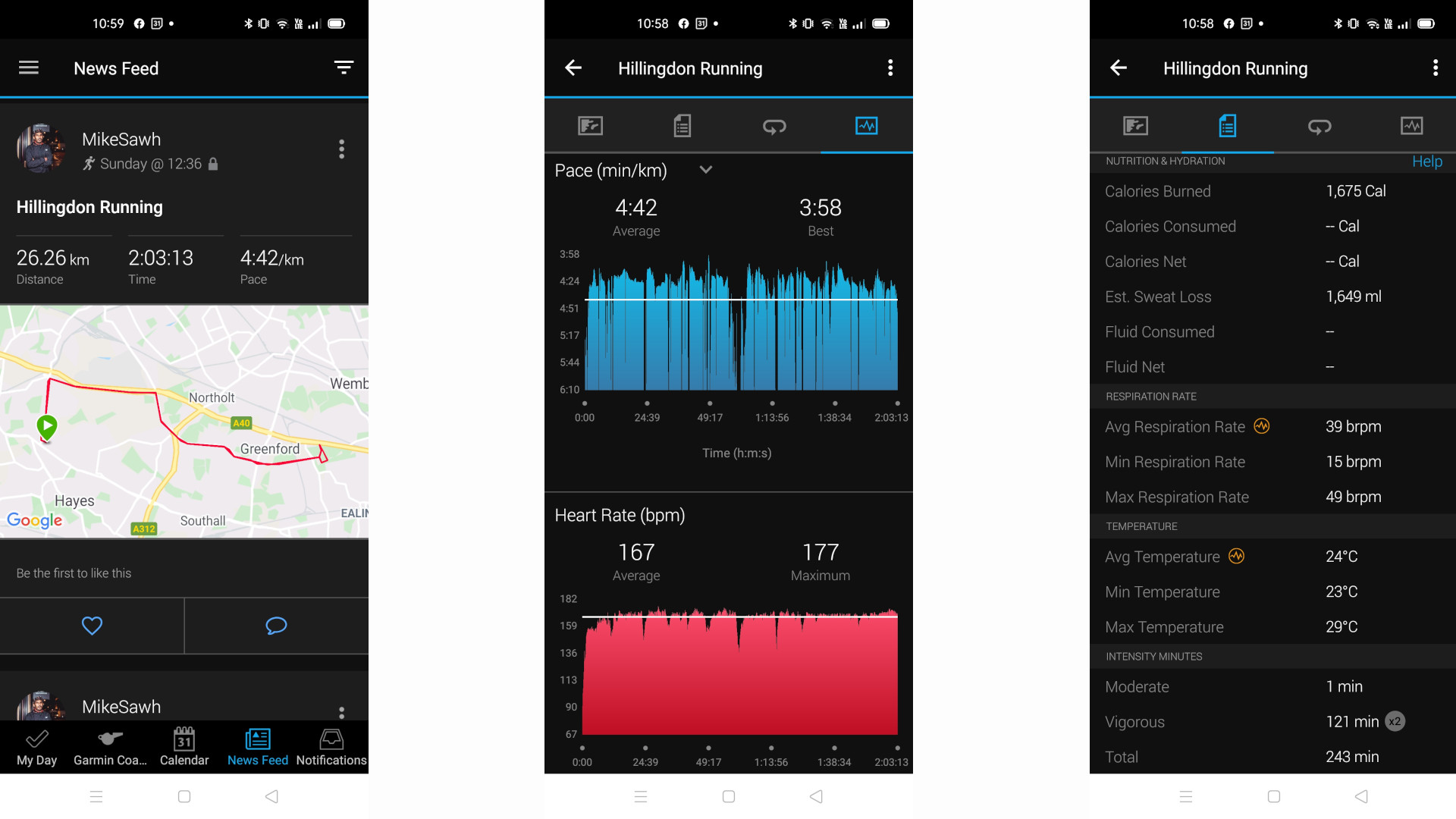 Garmin Connect app screenshots showing data collected by Garmin Enduro watch