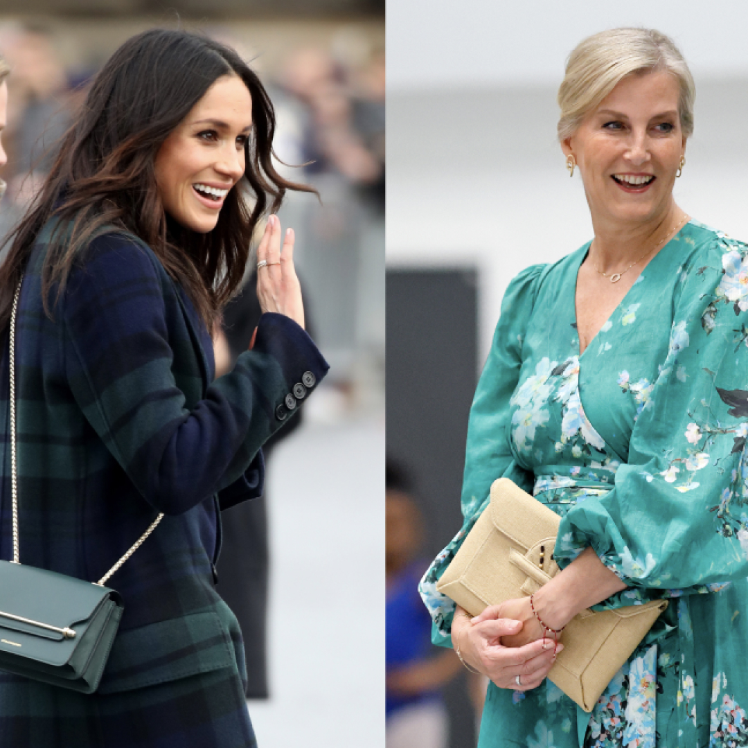 Meghan Markle waving and carrying a green bag; Duchess Sophie wearing a green floral dress and smiling