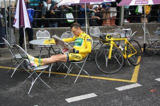 Thomas Voeckler (Europcar) reads all about it in Limoux.