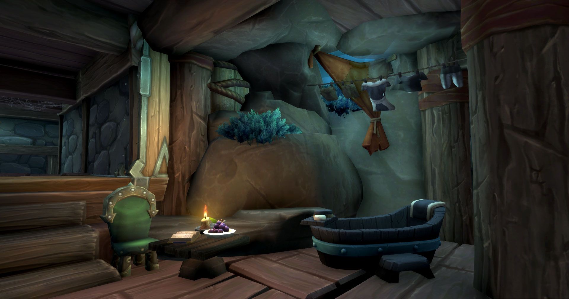 Examples of the housing system in World of Warcraft, showing a ramshackle but homely interior.