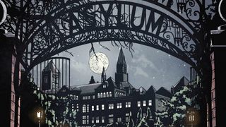 A screenshot of the Arkham Asylum gates from DC Comics
