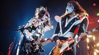 Bassist Gene Simmons (left) and guitarist Ace Frehley performing with American rock group Kiss, circa 1977
