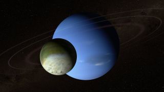 An artist's depiction of Neptune and its largest moon, Triton.