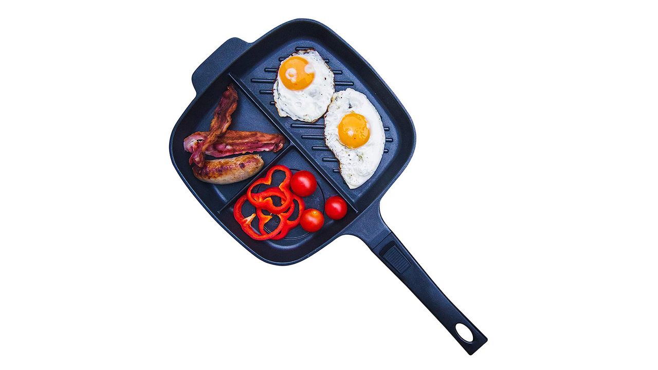 A lazy pan with breakfast ingredients on it