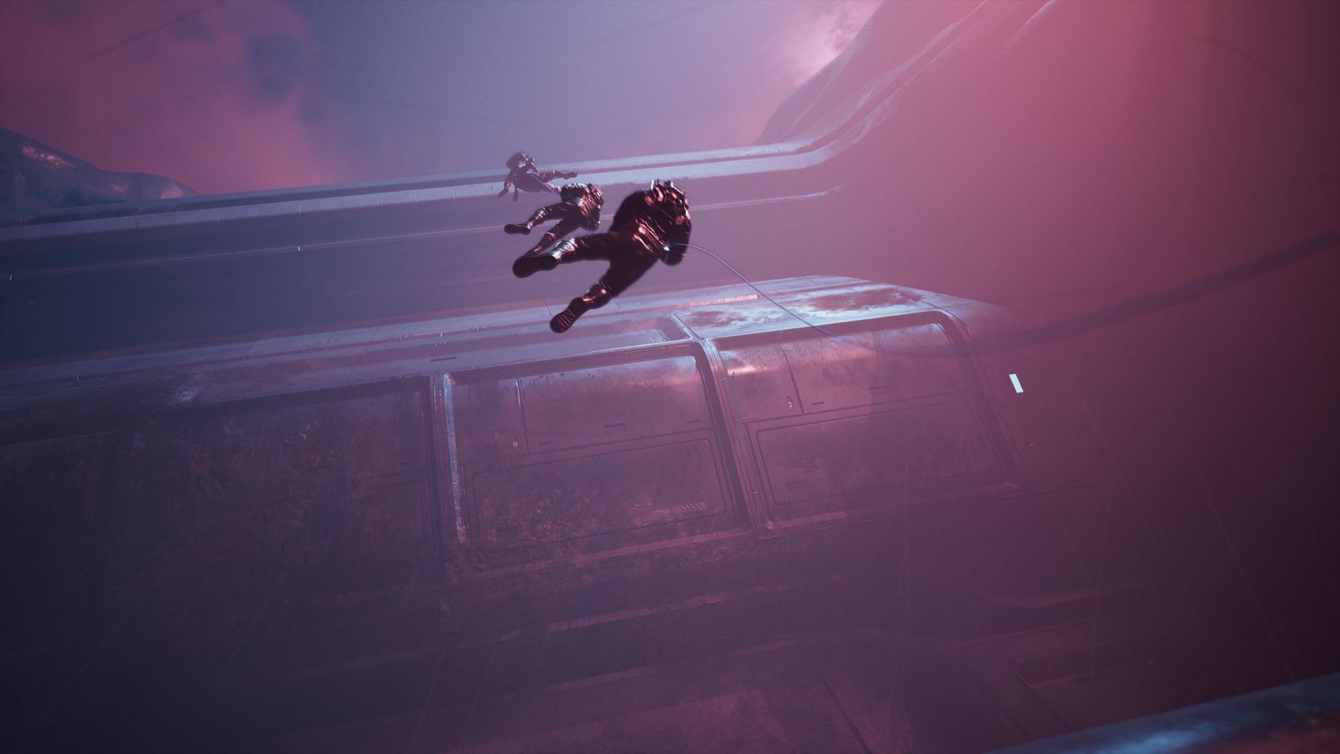 Astronauts hanging by a rope floating in space.