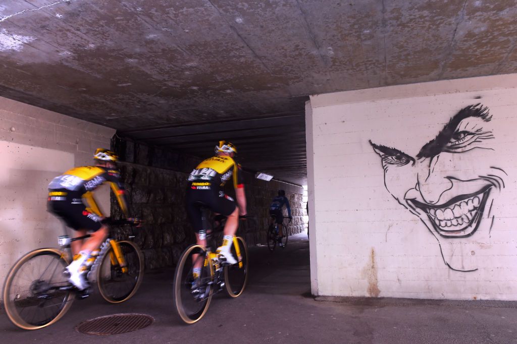 SAINTIMIER SWITZERLAND APRIL 29 Steven Kruijswijk of Netherlands Jos Van Emden of Netherlands and Team Jumbo Visma at start in La Neuveville Village during the 74th Tour De Romandie 2021 Stage 2 a 1657km stage from La Neuveville to SaintImier Graffiti TDR2021 TDRnonstop UCIworldtour on April 29 2021 in SaintImier Switzerland Photo by Luc ClaessenGetty Images