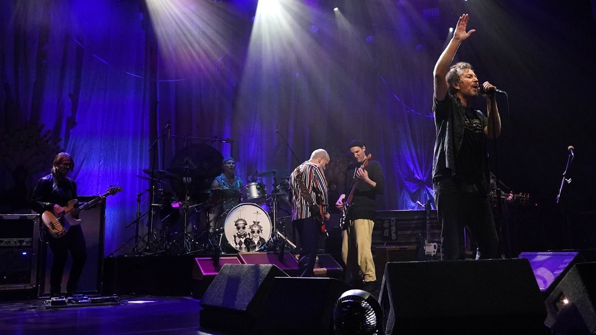 Chad Smith, Andrew Watt and Eddie Vedder perform onstage at Beacon Theatre on February 04, 2022 in New York City.