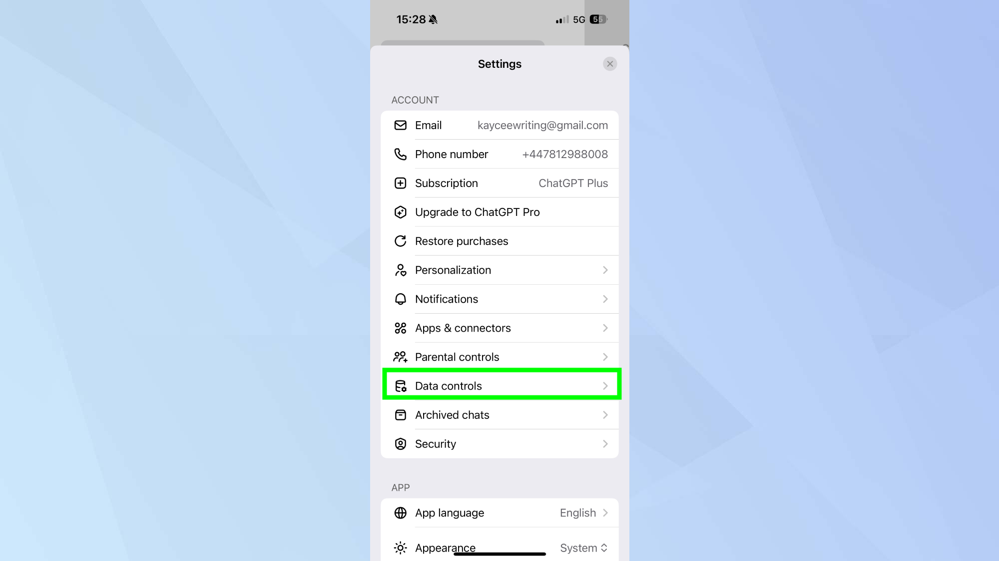 ChatGPT data controls on app