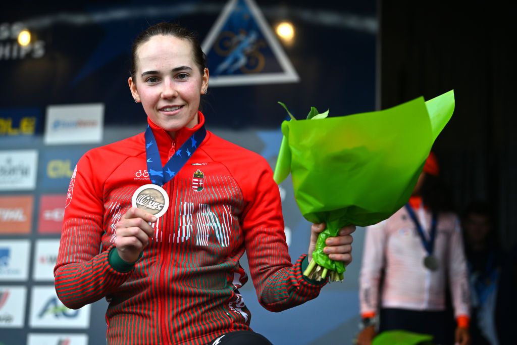 NAMUR BELGIUM NOVEMBER 05 Bronze medalist Blanka Vas Kata of Hungary poses on the podium during the medal ceremony after the 20th UEC European Cyclocross Championships 2022 Womens Elite EuroCross22 on November 05 2022 in Namur Belgium Photo by Luc ClaessenGetty Images