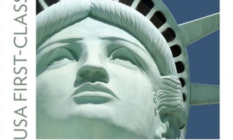 The squat Las Vegas replica of Lady Liberty, inadvertently featured on a "Forever" stamp, has different hair and more "distinctly defined" eyes than the New York original.