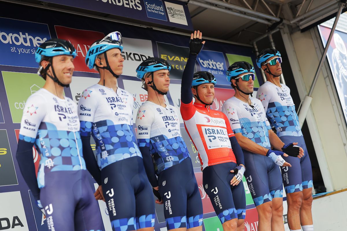 Picture by Alex WhiteheadSWpixcom 05092022 Cycling 2022 AJ Bell Tour of Britain Stage 2 Hawick to Duns Scotland Team Israel Premier Tech with Dylan Teuns Alex Dowsett Mason Hollyman Reto Hollenstein Corbin Strong and Michael Woods at the team presentation