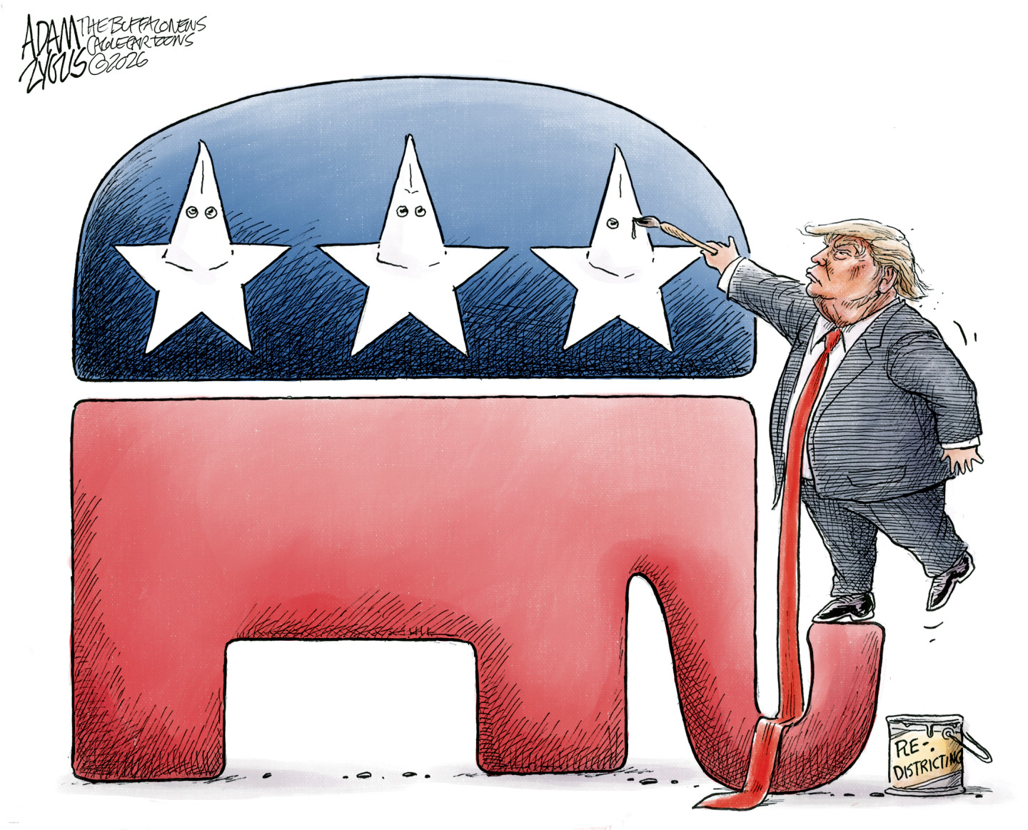 Donald Trump uses paint from a can labeled "Re-Districting" to paint an elephant. He&amp;rsquo;s re-painting the stars on it so they resemble Ku Klux Klan members in robes instead of stars.
