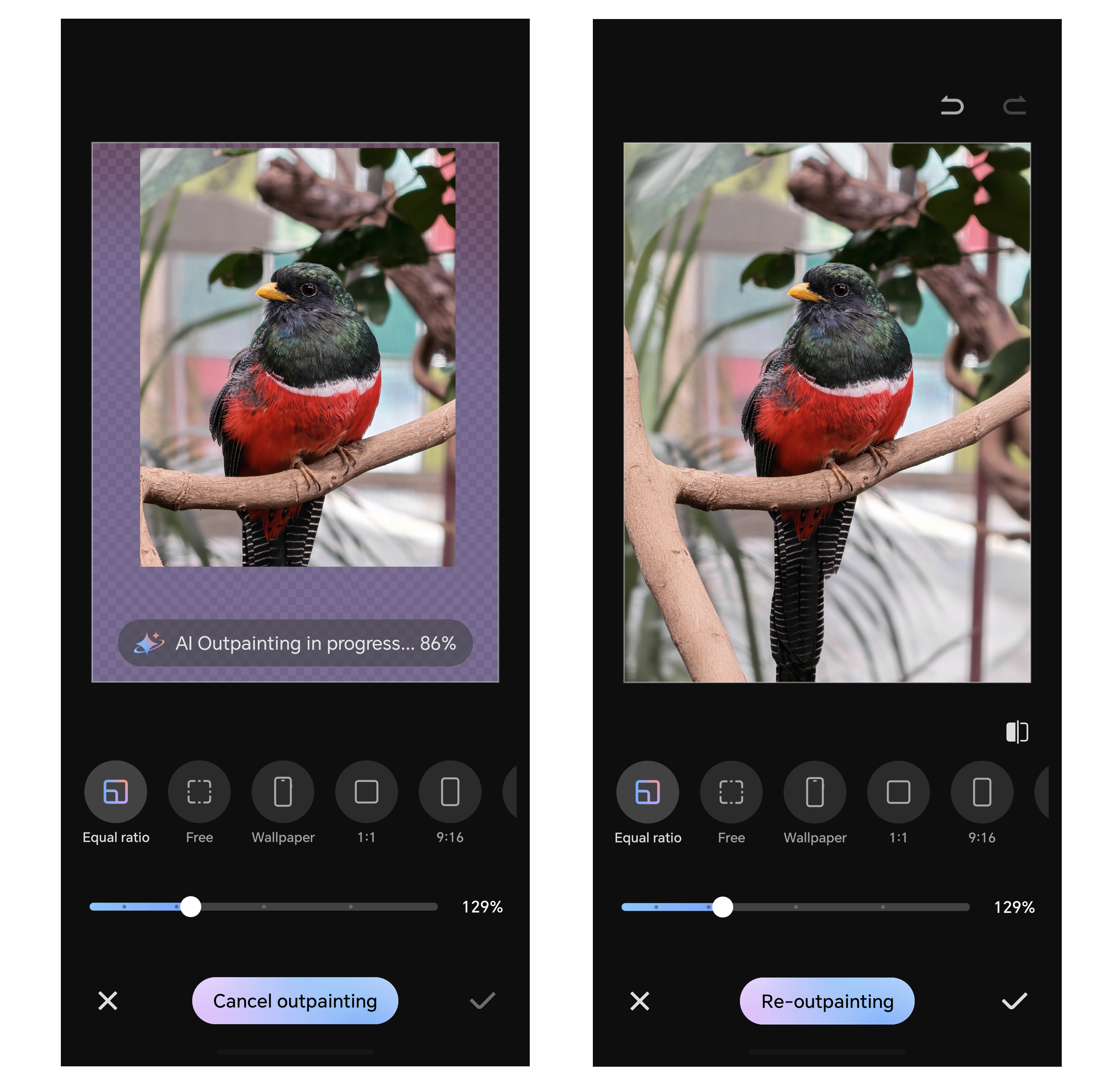 Two screenshots of a photo of a bird being edited using a photo editing app