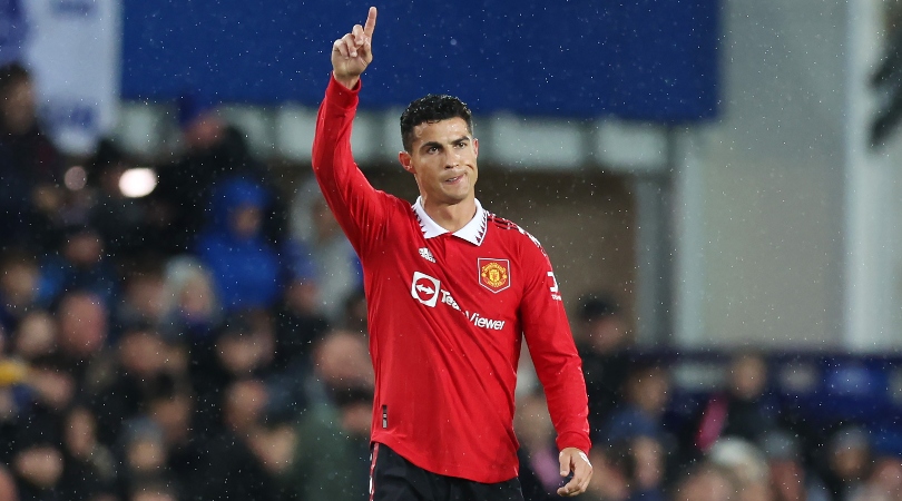 Cristiano Ronaldo celebrates after scoring for Manchester United against Everton to score his 700th career goal.