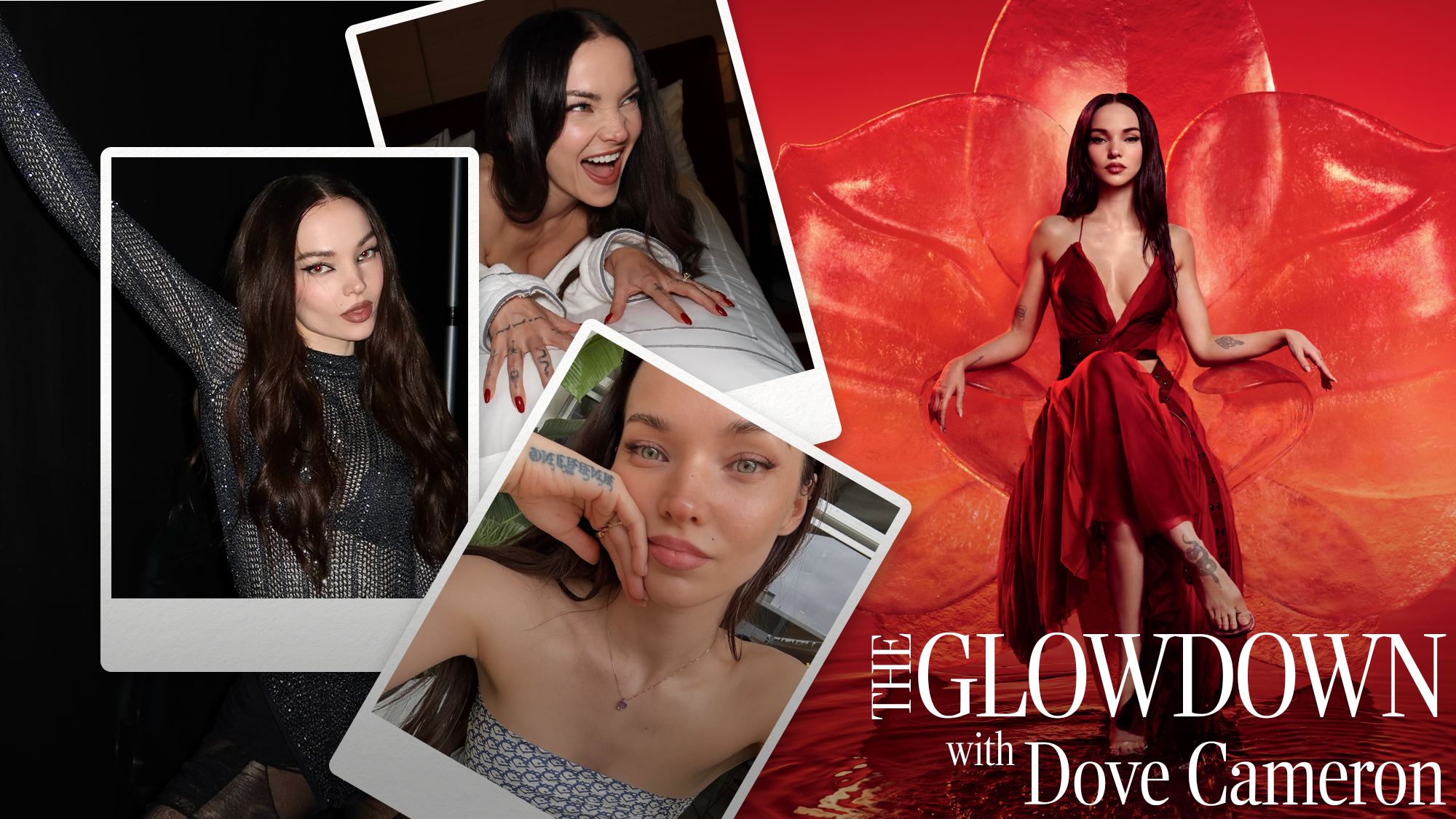 A collage of images of Dove Cameron with the text "The Glowdown with Dove Cameron" over the top